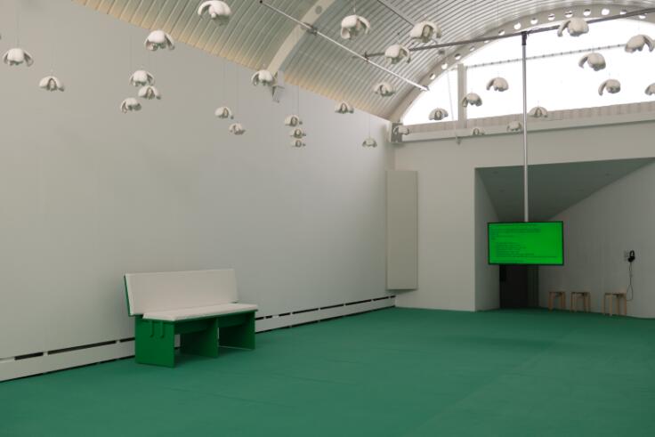 Image of the main gallery at Wysing Arts Centre showing Version 1, depicting 59 suspended ackee sculptures and 20 minute composition. Presented at Wysing Arts Centre (Bourn, Cambridge, 2021).