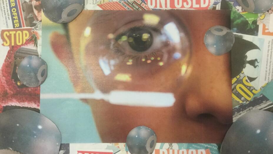 Collage image with a close up of a young boy's eye. There are images of bubbles and the words 'confused' and 'deadly' and 'childhood'.