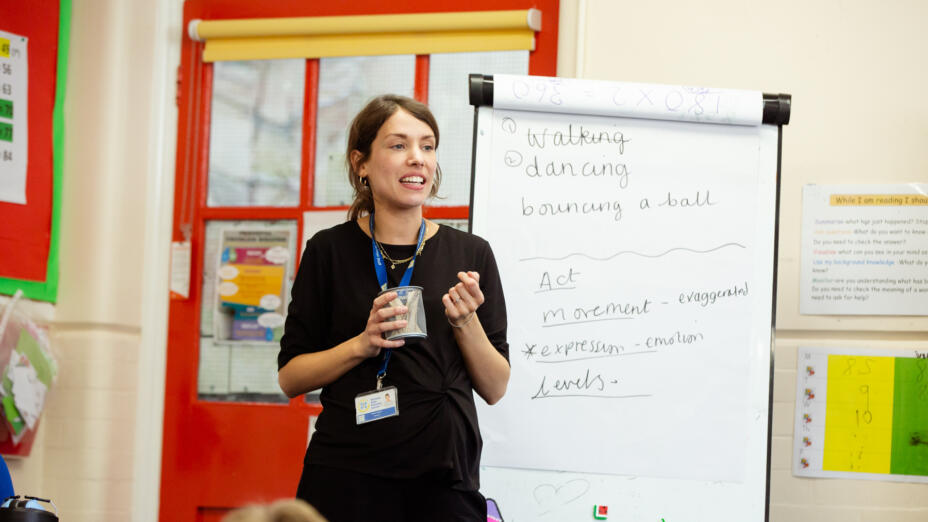 A woman stands in front of a flipchart in a school, talking to a group of children about dancing, acting and expression of emotions.