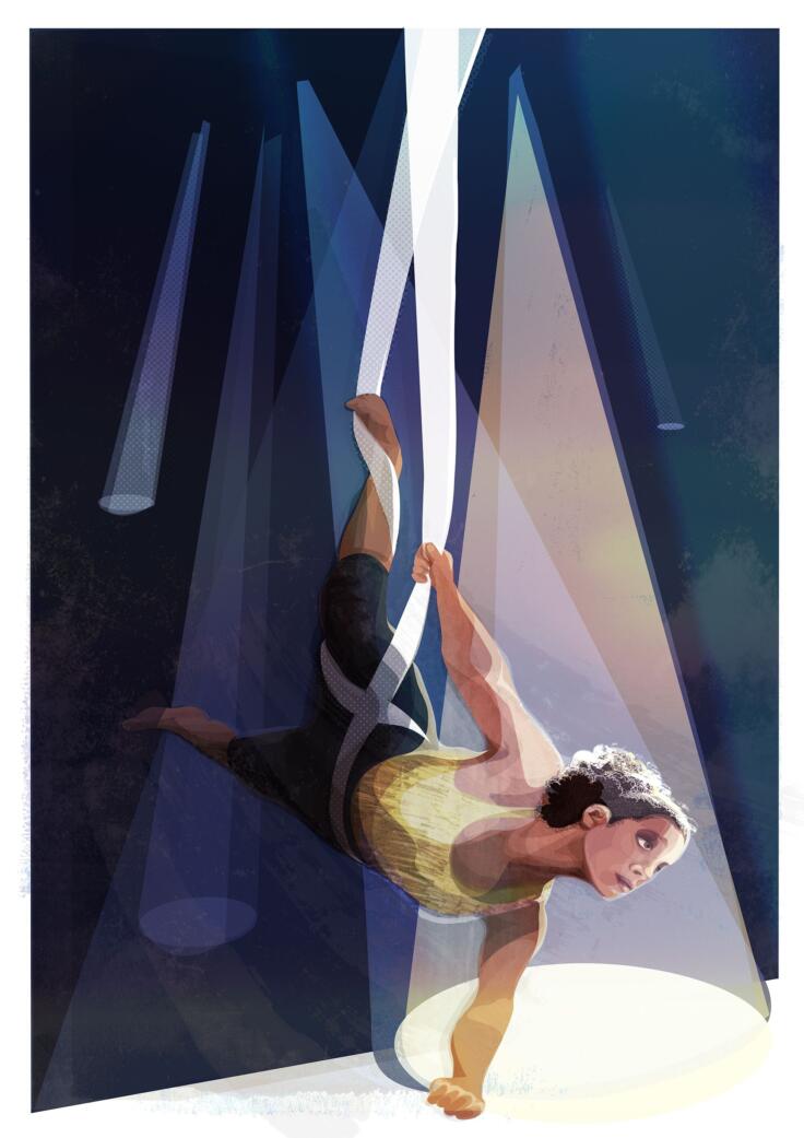 Painting of a dancer performing on silks.