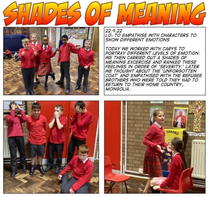 Comic strip with 4 images arranged in a 2 x 2 grid showing children in red uniforms taking part in arts-based learning. The title reads: Shades of Meaning.