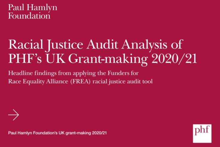 Red report cover with white text that reads: Racial Justice Audit Analysis of PHF’s UK Grant-making 2021/22. The cover also features white Paul Hamlyn Foundation logos.