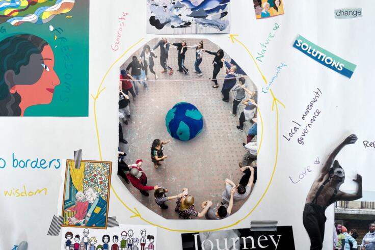 Collage created by participants from our first exploratory session, featuring the words love, journey, wisdom, community, nature and change