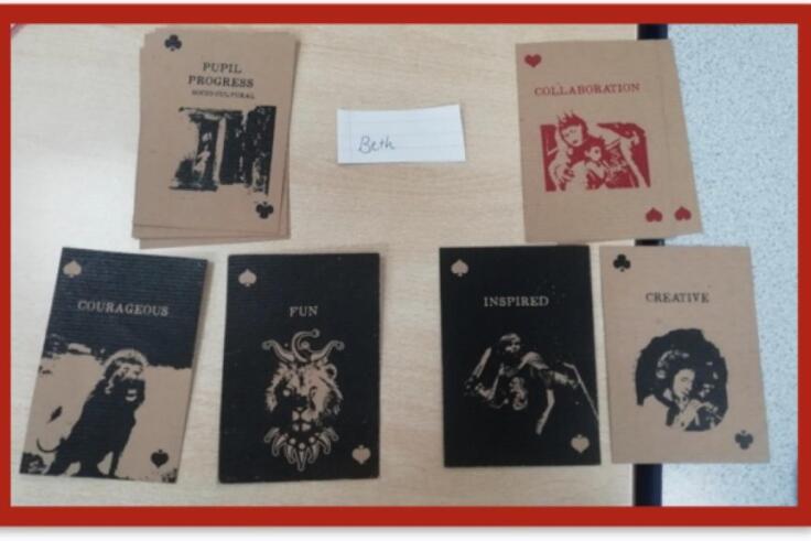 Series of snap cards from an evaluation game on a table.