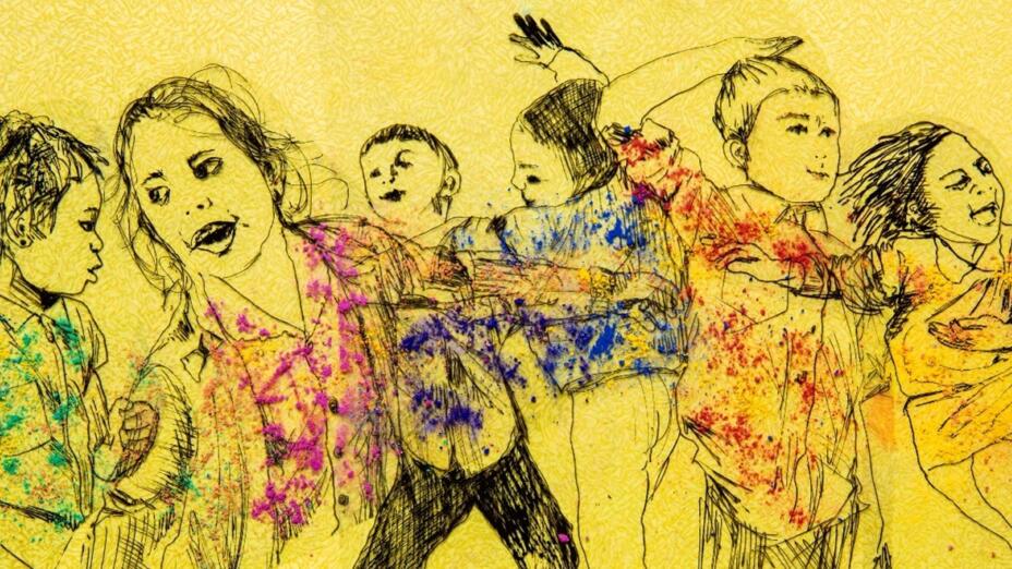 A yellow illustration showing inky sketches of six young people in different poses, laughing and connecting with each other